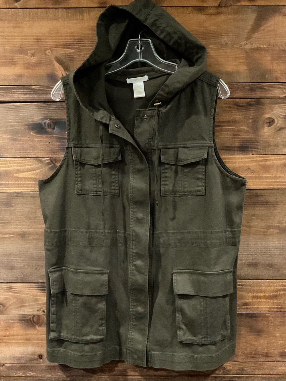 MATTY M Sleeveless Hooded Utility Vest in Olive Green Women’s size Large